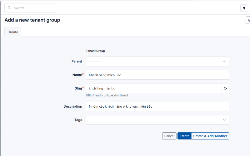 Hình 4. Mẫu Tenant Group -tạo Organization trên NetBox