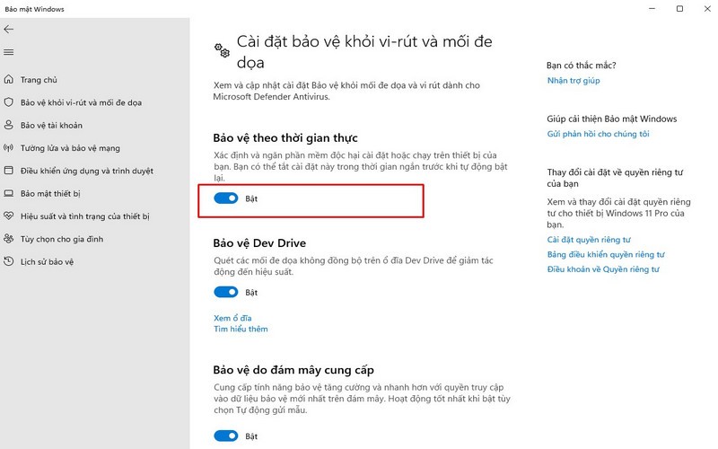 tắt Windows Defender Win 11 trong Setting