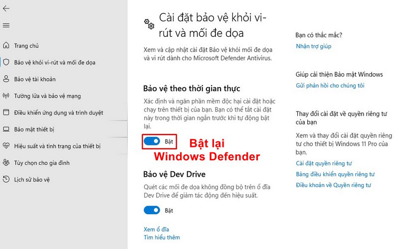 kích hoạt lại Windows Defender