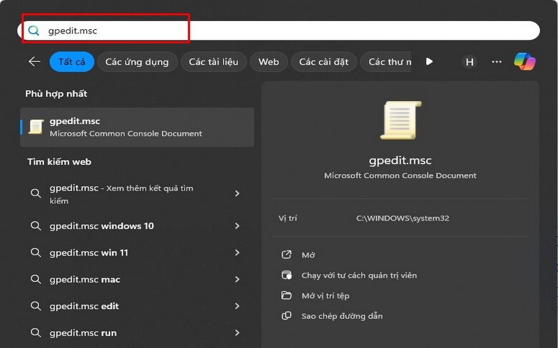 gõ "gpedit.msc" vào hộp tìm kiếm