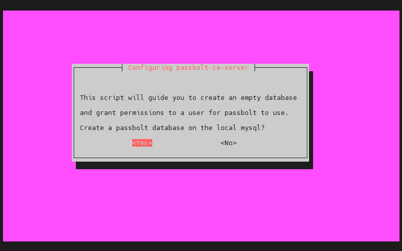 Chọn Yes để tạo một CSDL mariadb trống để sử dụng passbolt