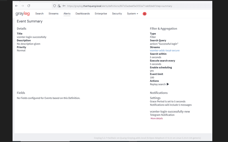 Ta sẽ tạo Event Definitions cấu hình Graylog Server gửi thông báo Telegram
