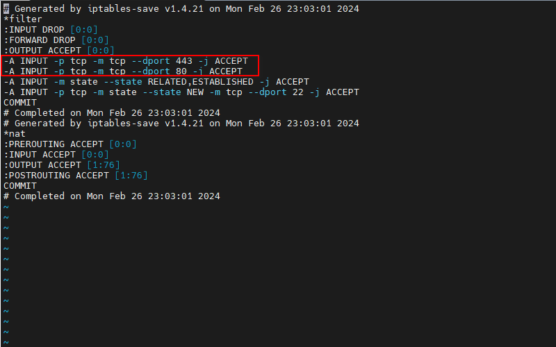 Đây là hình ảnh thực tế của file /etc/sysconfig/iptables