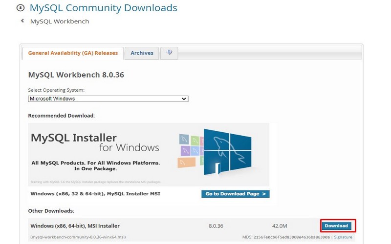 tải phiên bản MySQL Workbench cho Windows