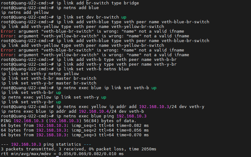 Đặt IP cho interface của namespace