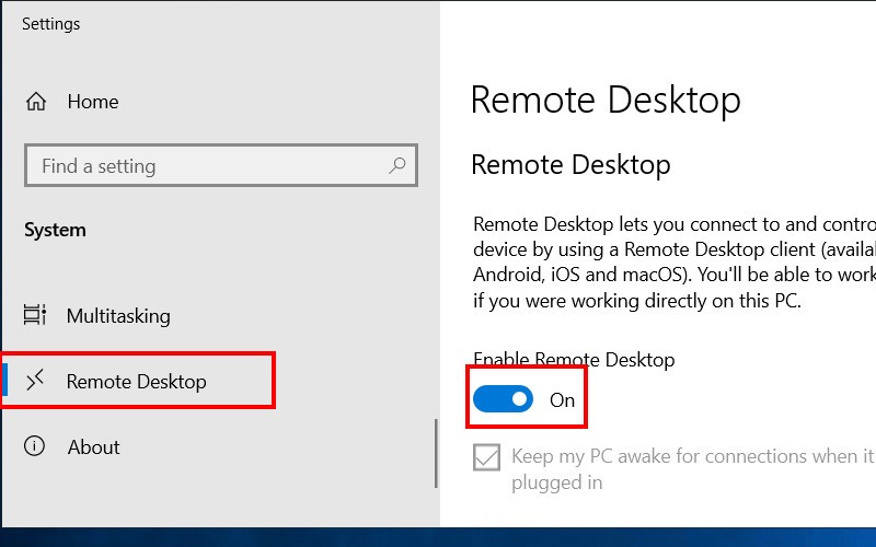 kích hoạt Remote Desktop Protocol