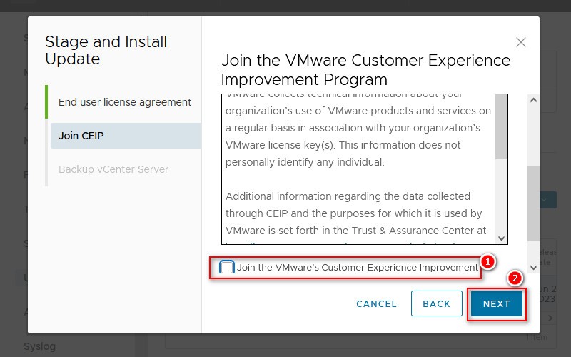 Bỏ tích Join the VMware's Customer Experience Improvement rồi tiến hành NEXT