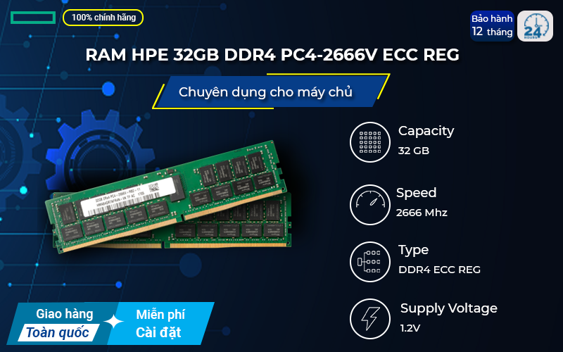 RAM HPE 32GB DDR4 PC4 - 2666V ECC REG sở hữu khả năng xử lý lỗi vượt trội
