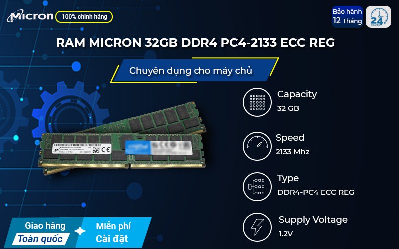 RAM Micron 32GB DDR4 PC4-2133 ECC REG có thể tự kiểm tra và xử lý lỗi