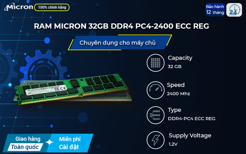 RAM Micron 32GB DDR4 PC4-2400 ECC REG có thể tự kiểm tra và xử lý lỗi