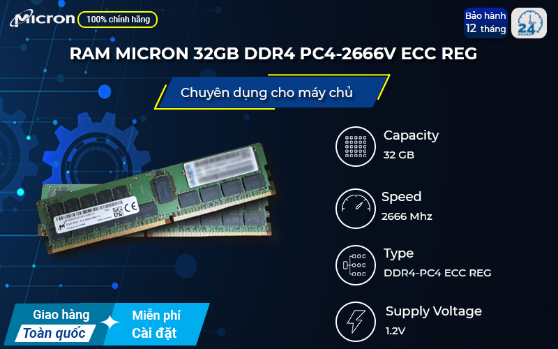 RAM Micron 32GB DDR4 PC4-2666V ECC REG có thể tự kiểm tra và xử lý lỗi