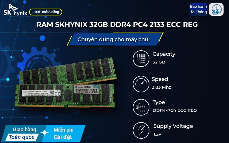 RAM SK Hynix 32GB DDR4 PC4-2133 ECC REG có thể tự kiểm tra và xử lý lỗi