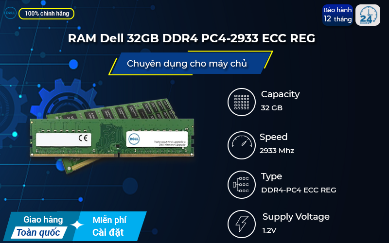 RAM Dell 32GB RDIMM DDR4 PC4-2933 ECC REG tiết kiệm điện năng
