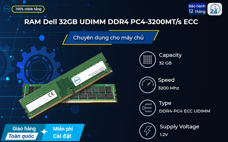 RAM Dell 32GB UDIMM DDR4 PC4-3200 ECC tiết kiệm điện năng