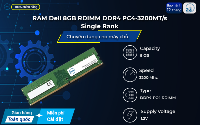 RAM Dell 8GB RDIMM DDR4 PC4-3200 SINGLE RANK tiết kiệm điện năng