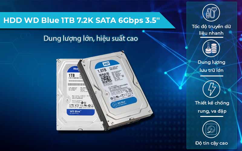 HDD WD Blue 1TB 7.2K SATA 6Gbps 3.5" độ bền cao